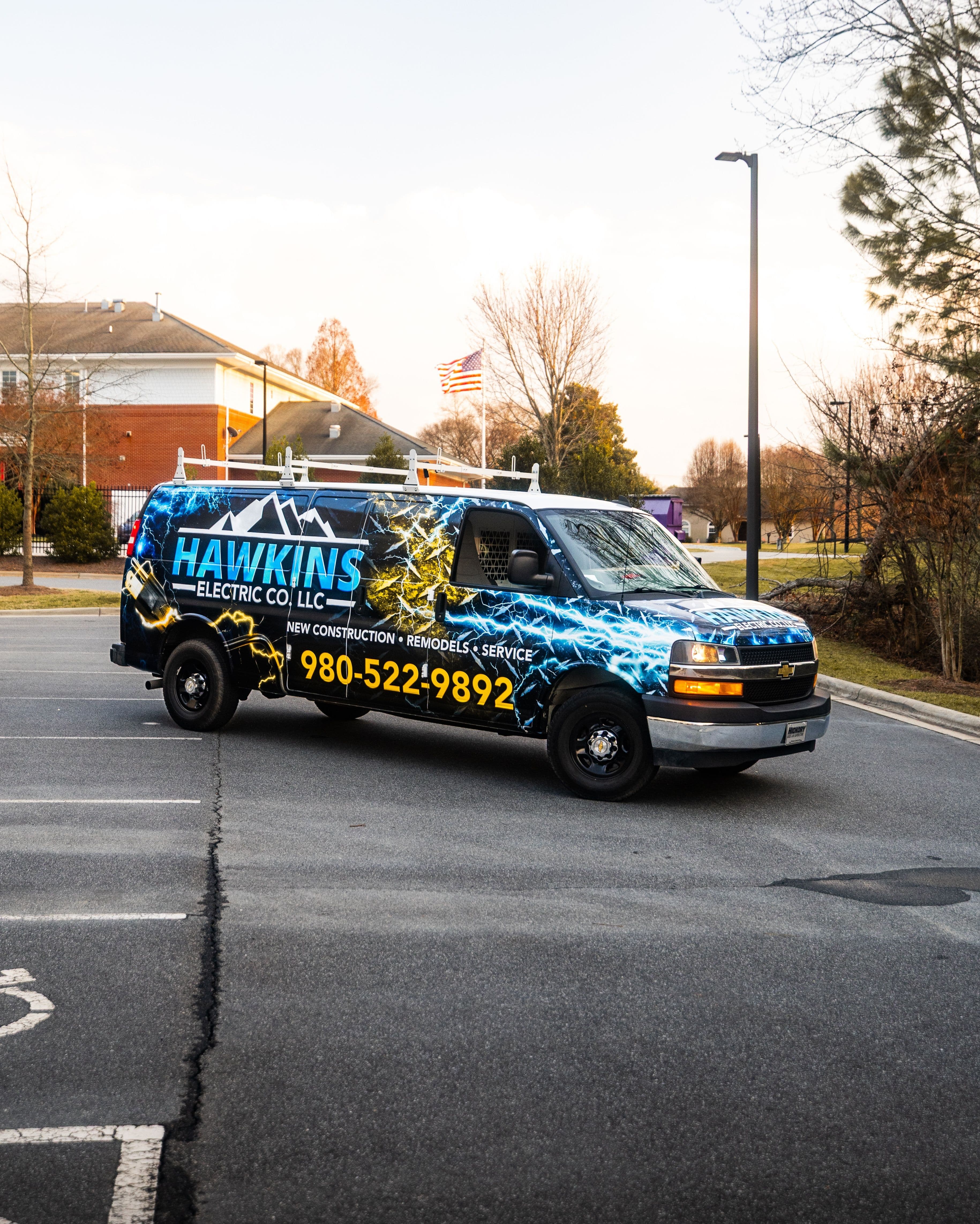 Electrician Business Wrap Van for Hawkins Electric on a Chevy Express