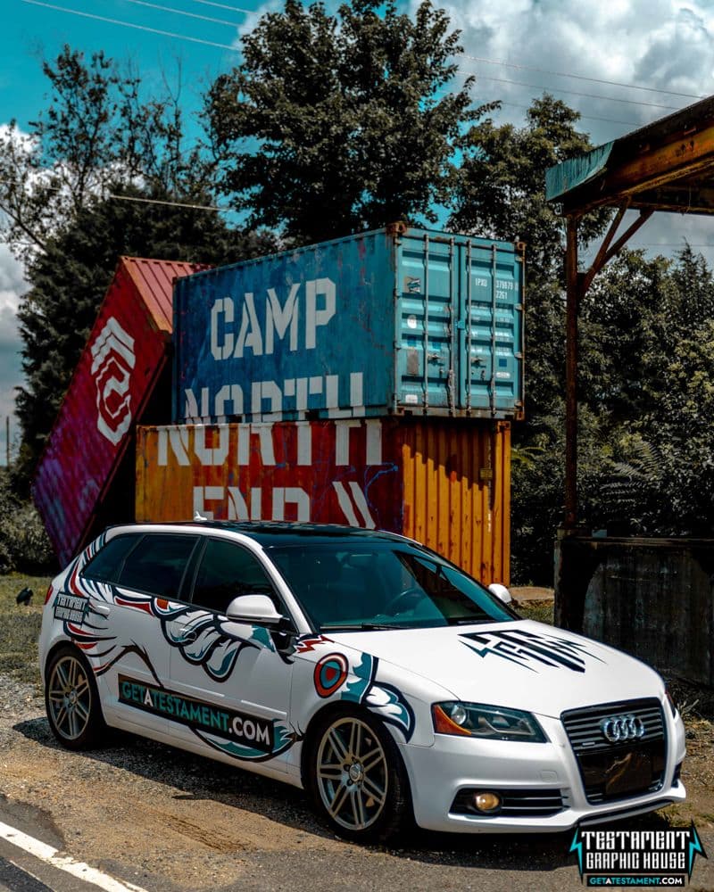 2010 Audi A3 — Full 3M Matte White with Custom Gloss Overlays by Testament Graphic House